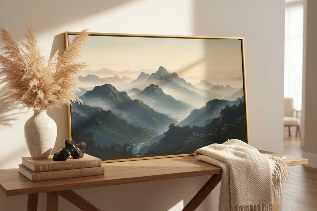 close up of landscape art and interior decor items