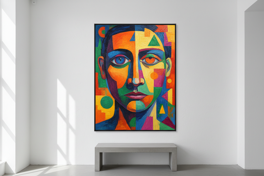 contemporary portrait painting on plain wall